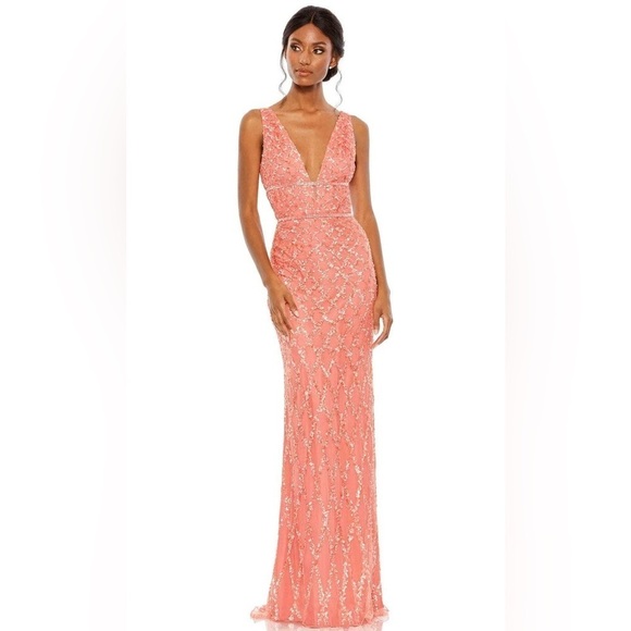 MAC DUGGAL Pink Sequined Plunge Neck Sleeveless Column Gown in Coral 8 - Picture 4 of 12